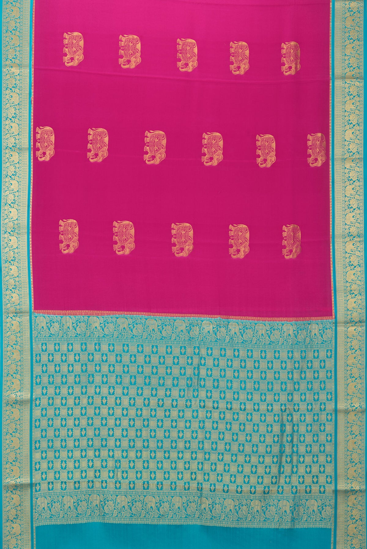 Flat view of Dark Pink Mysore Silk Saree with Zari Butta on the body and Zari Border. 