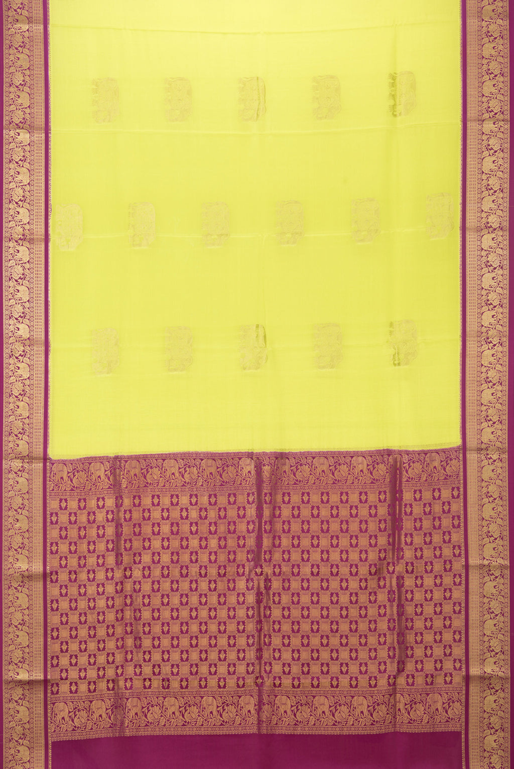 Flat view of Parrot Green Mysore Silk Saree with Zari Butta on the body and Zari Border. 