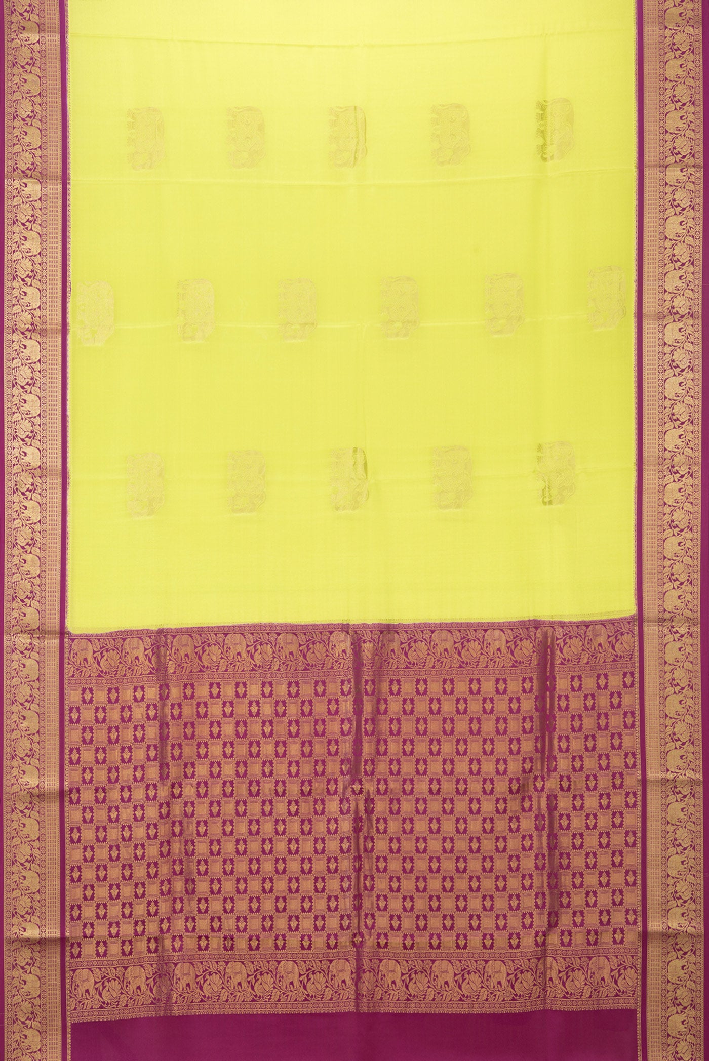 Flat view of Parrot Green Mysore Silk Saree with Zari Butta on the body and Zari Border. 
