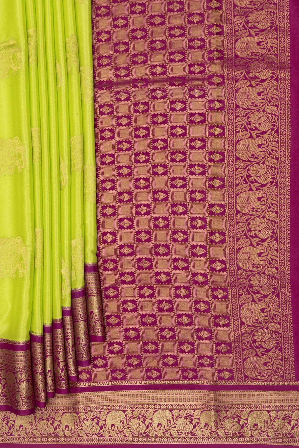 Pleats and pallu of Parrot Green Mysore Silk Saree with Zari Butta on the body and Zari Border. 