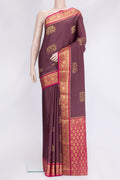 Burgundy Dual Tone Mysore Silk Saree with Zari Butta on the body and Zari Border.  displayed on a mannequin