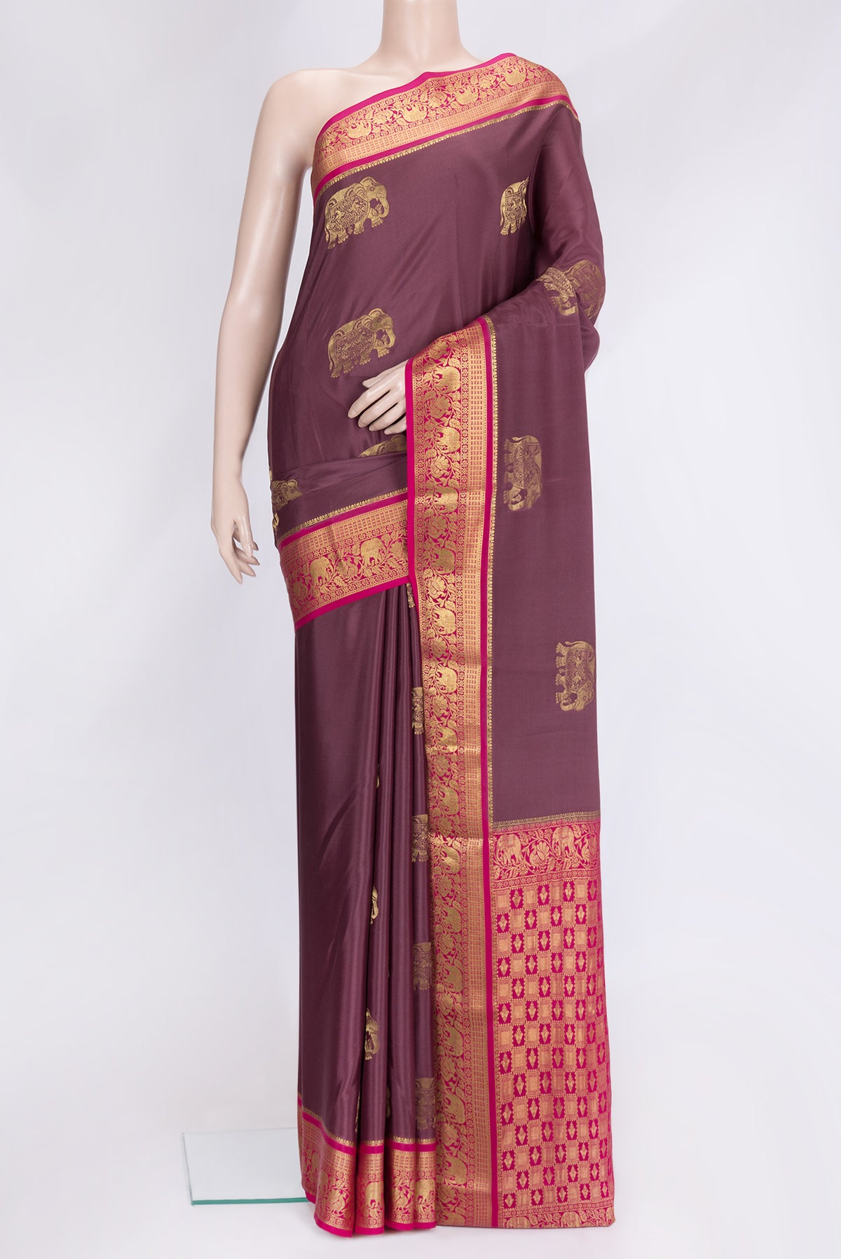 Burgundy Dual Tone Mysore Silk Saree with Zari Butta on the body and Zari Border.  displayed on a mannequin