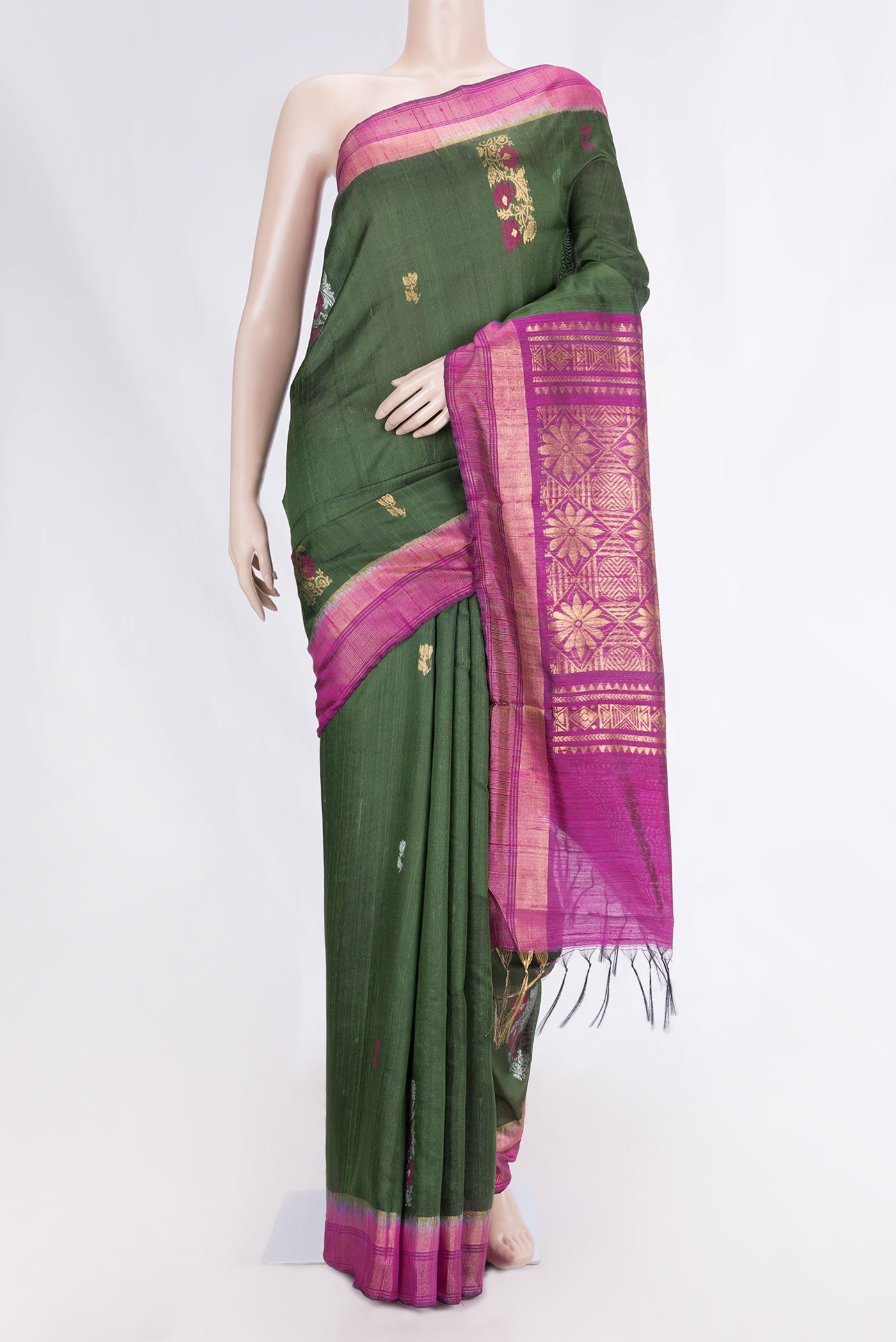 Green Dual Tone Tussar Silk Saree with Thread Butta on the body and Fancy Border displayed on a mannequin
