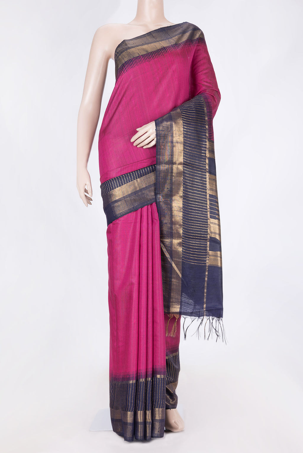 Magenta Dual Tone Tussar Saree with Plain Body and Zari Border displayed on a mannequin