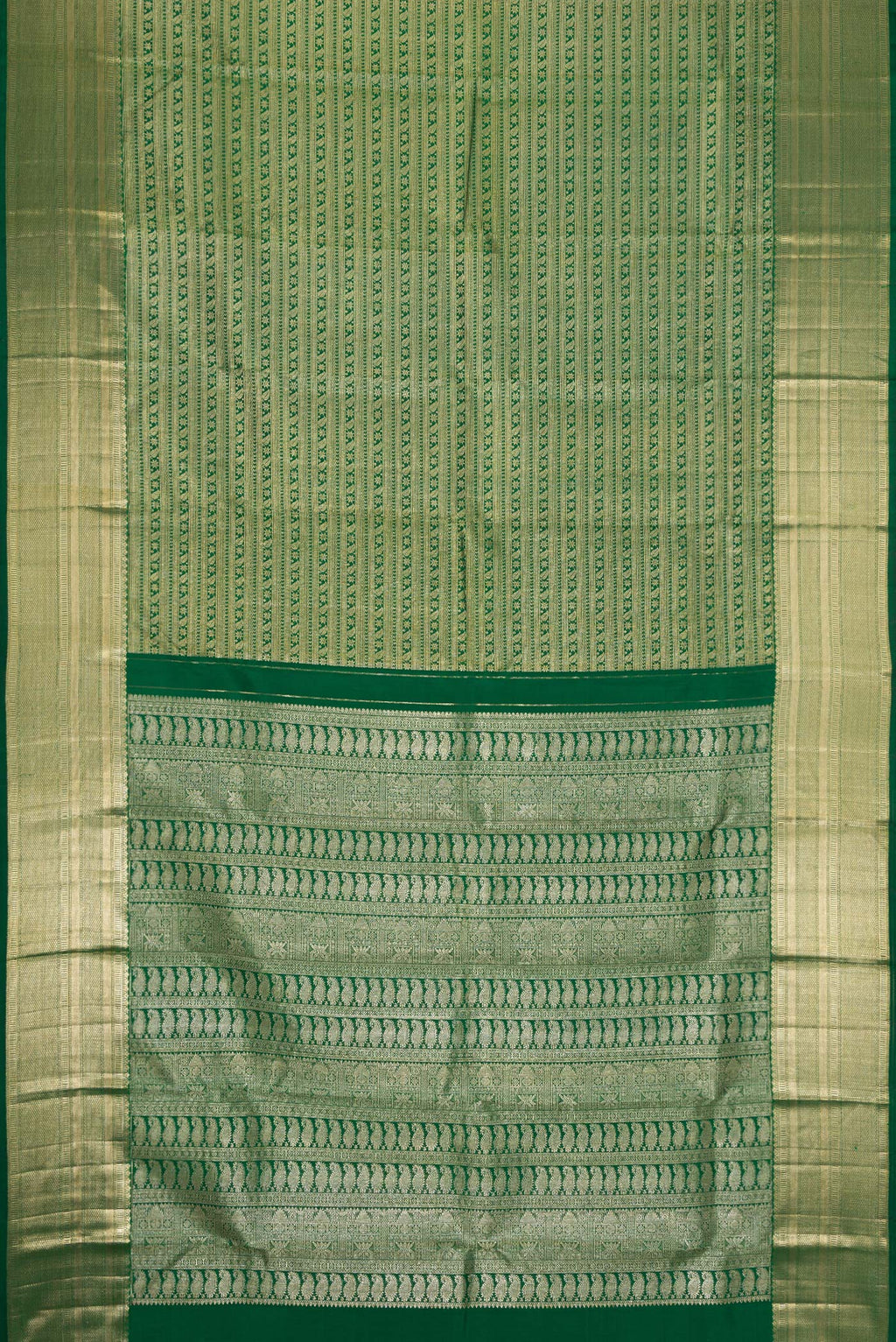 Flat view of Green Dual Tone Kanchipuram Silk Saree with Zari Brocade on the body and Zari Border. 