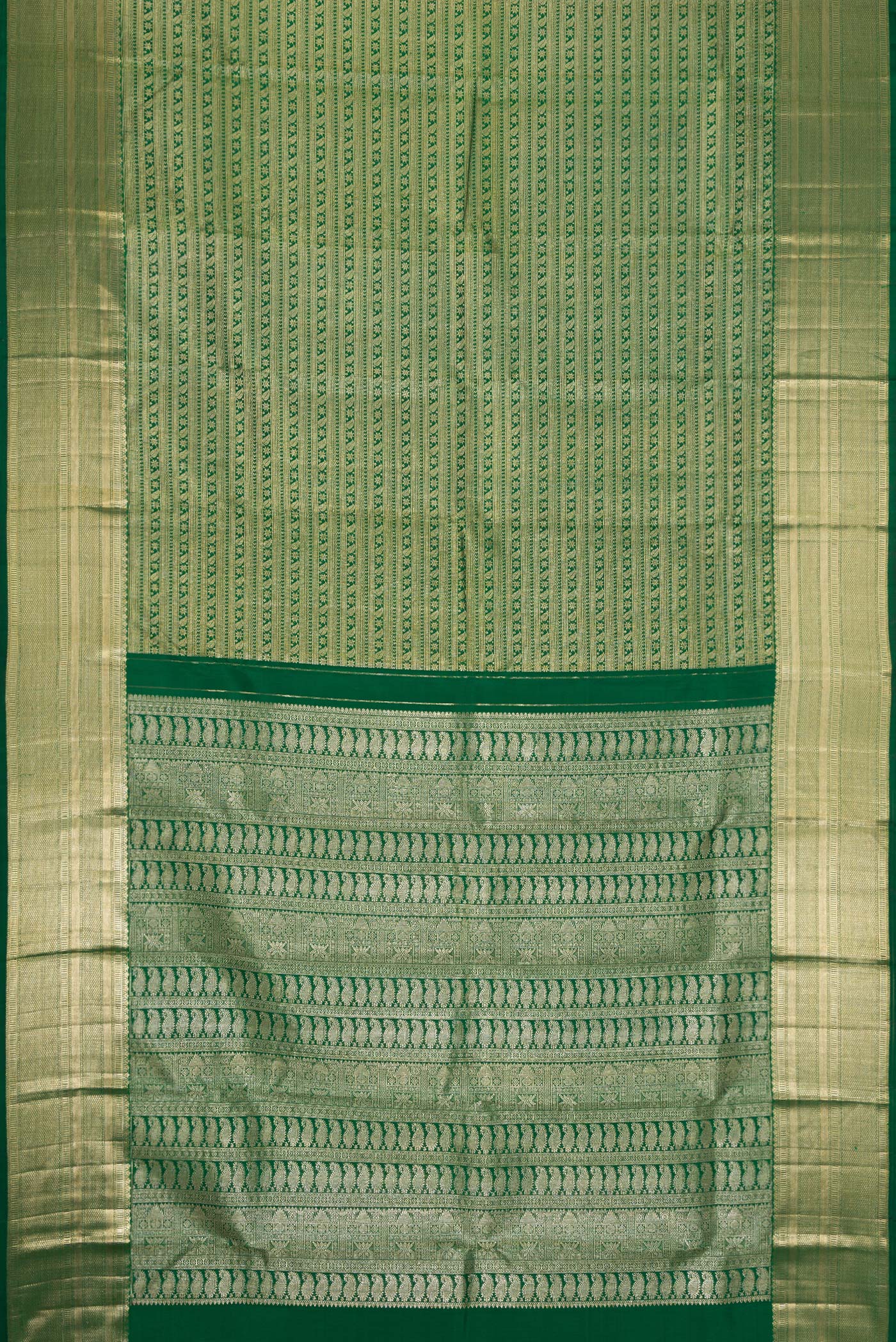 Flat view of Green Dual Tone Kanchipuram Silk Saree with Zari Brocade on the body and Zari Border. 