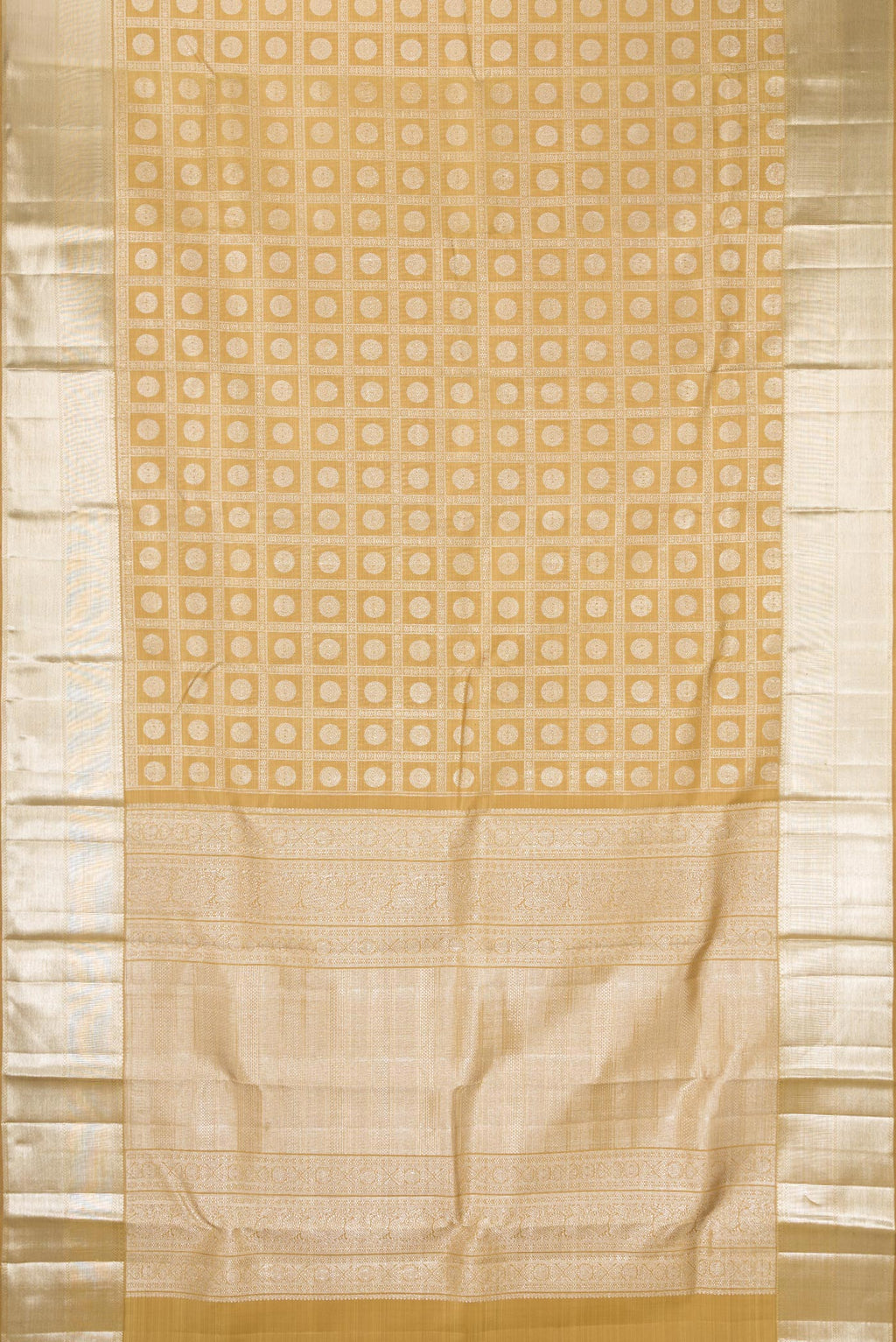 Flat view of Sandal Kanchipuram Silk Saree with Zari Brocade on the body and Zari Border. 