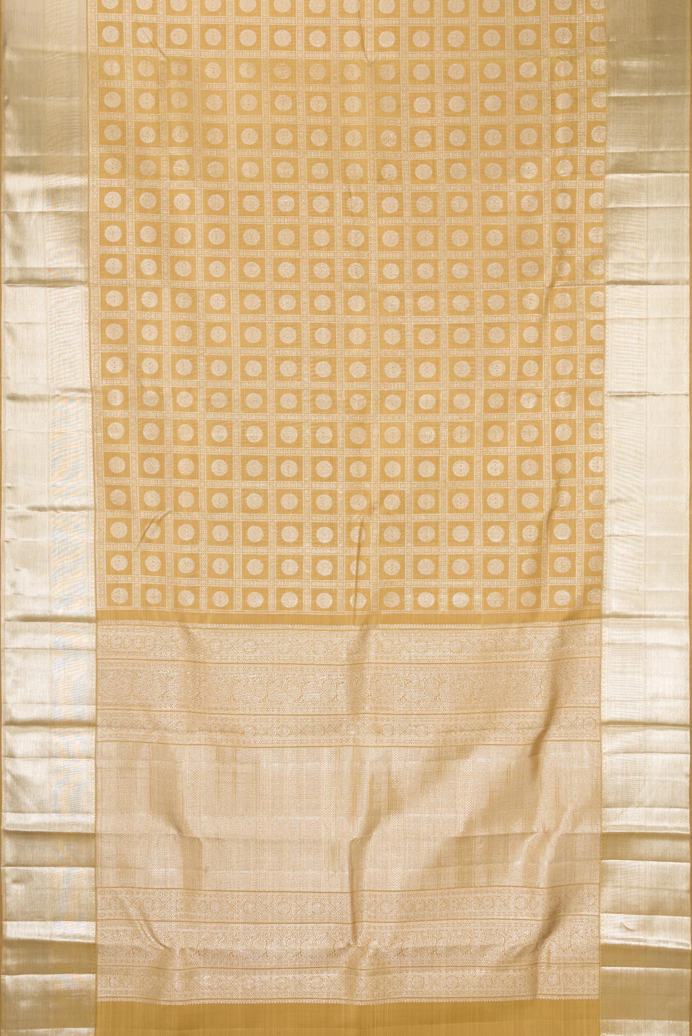 Flat view of Sandal Kanchipuram Silk Saree with Zari Brocade on the body and Zari Border. 