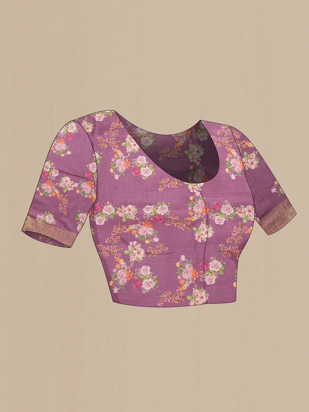 Close up image of the blouse of Purple Dual Tone Tussar Silk Saree with Floral Print on the body and Zari Border. 