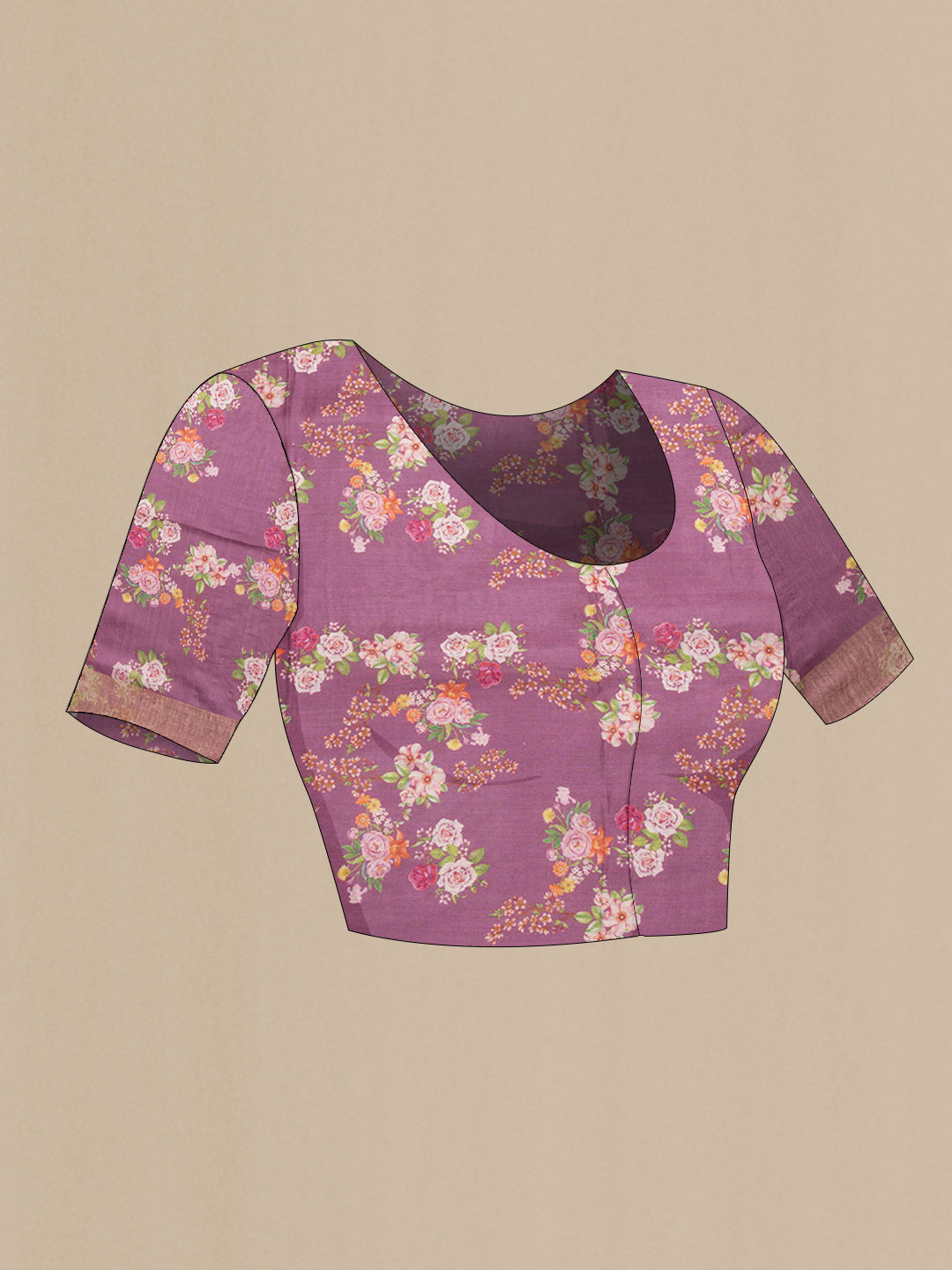 Close up image of the blouse of Purple Dual Tone Tussar Silk Saree with Floral Print on the body and Zari Border. 