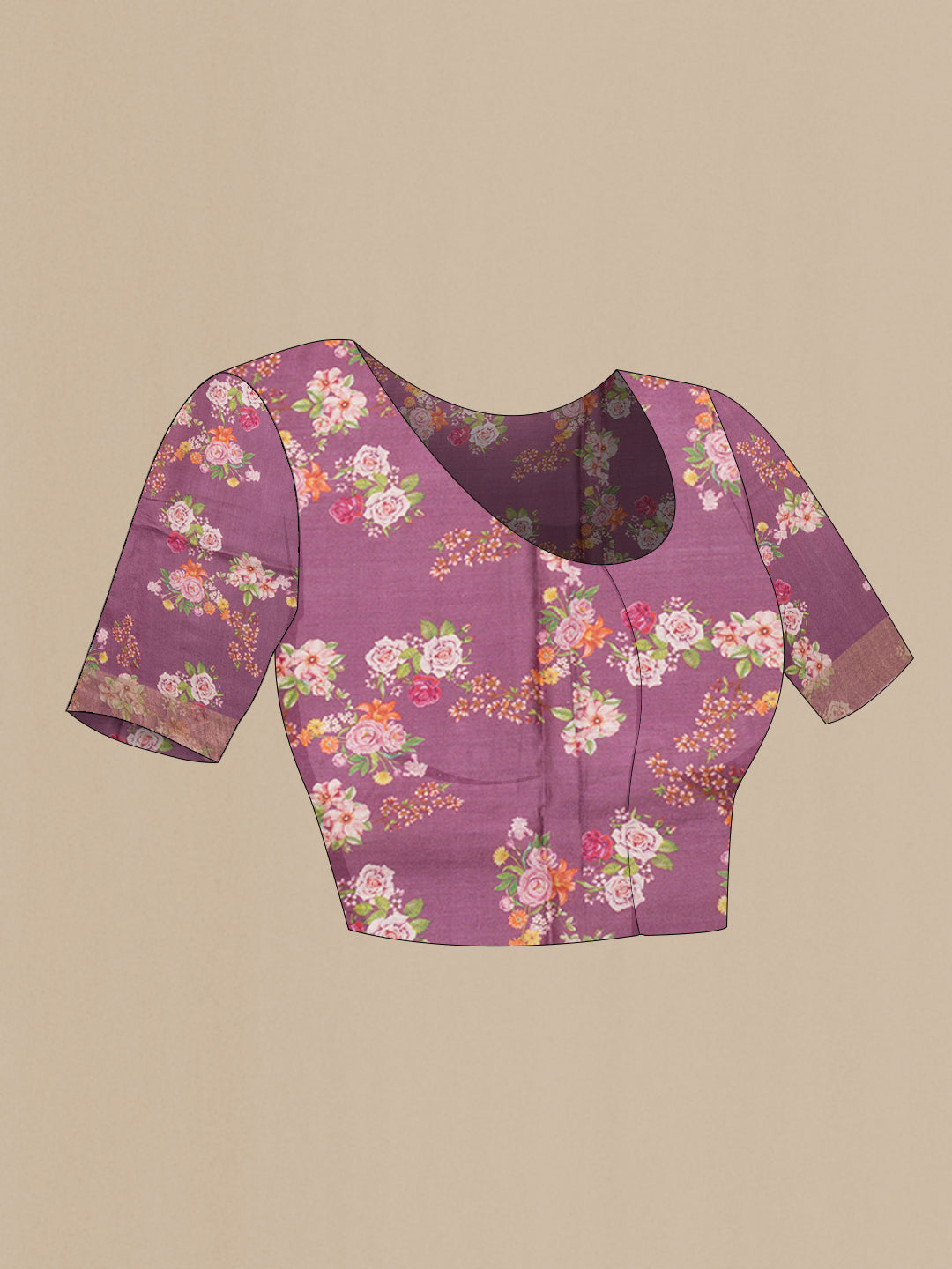 Close up image of the blouse of Purple Tussar Silk Saree with Floral Print on the body and Zari Border. 