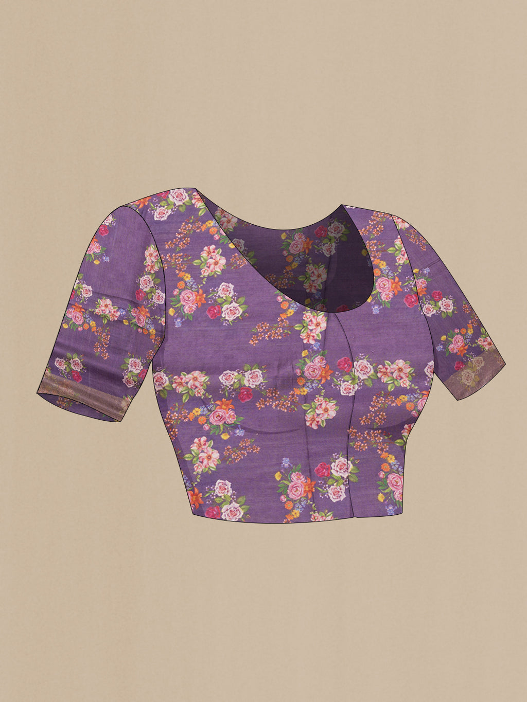 Close up image of the blouse of Purple Tussar Silk Saree with Floral Print on the body and Zari Border. 