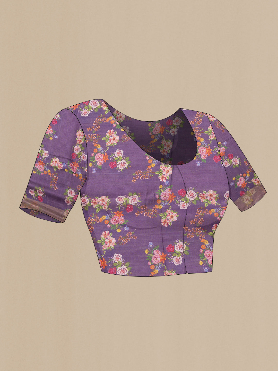 Close up image of the blouse of Purple Tussar Silk Saree with Floral Print on the body and Zari Border. 
