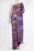 Purple Tussar Silk Saree with Floral Print on the body and Zari Border.  displayed on a mannequin