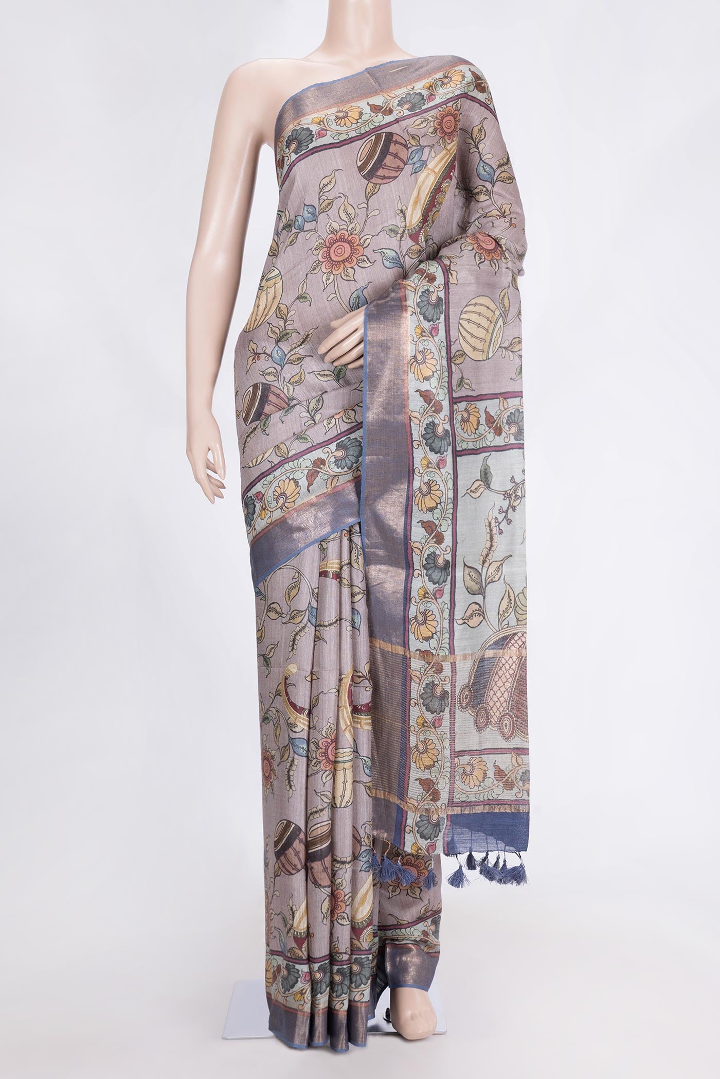 Purple Dual Tone Tussar Saree with kalamkari Print on the body and Fancy Border.  displayed on a mannequin