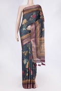 Grey Dual Tone Tussar Saree with Printed design on the body and Zari Border displayed on a mannequin
