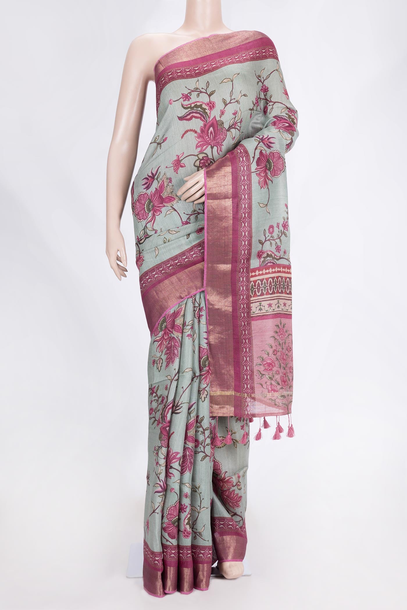 Grey Dual Tone Tussar Saree with kalamkari Print on the body and Fancy Border.  displayed on a mannequin