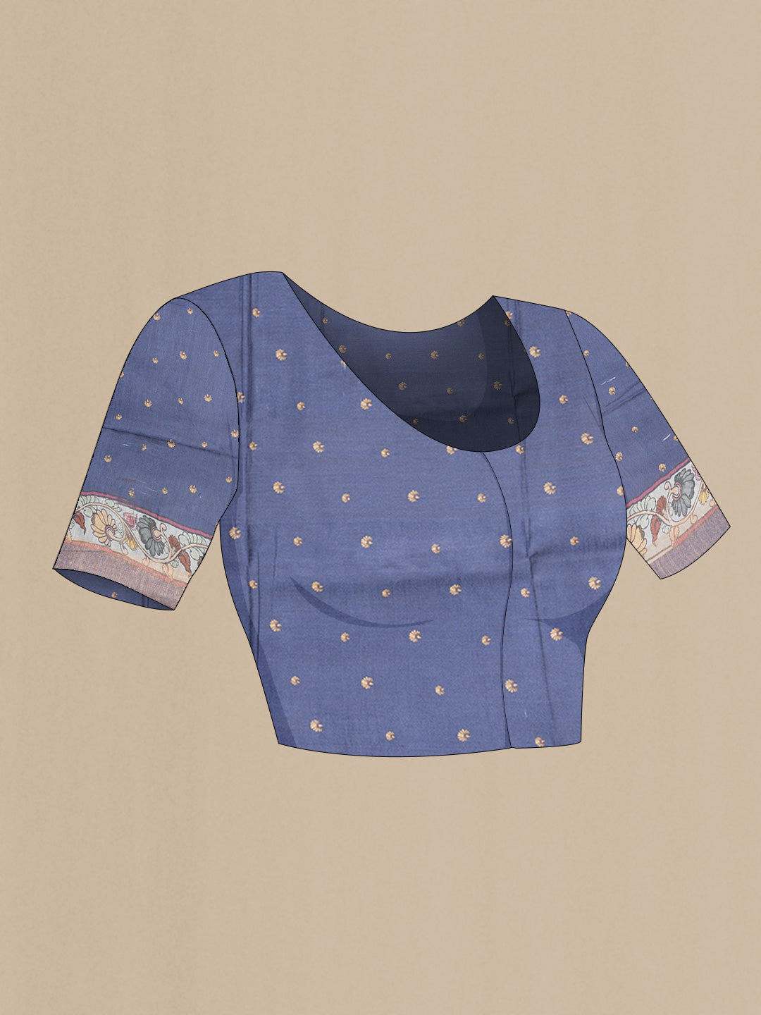 Close up image of the blouse of Grey Tussar Saree with Printed design on the body and Zari Border