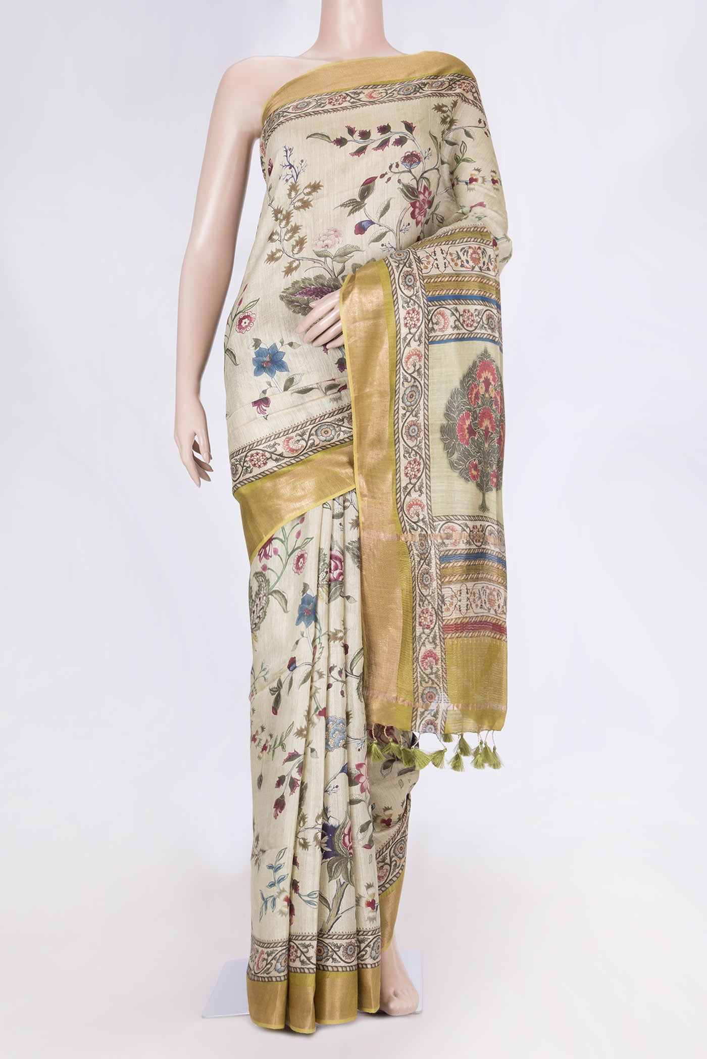 Beige Dual Tone Tussar Saree with Printed design on the body and Zari Border displayed on a mannequin