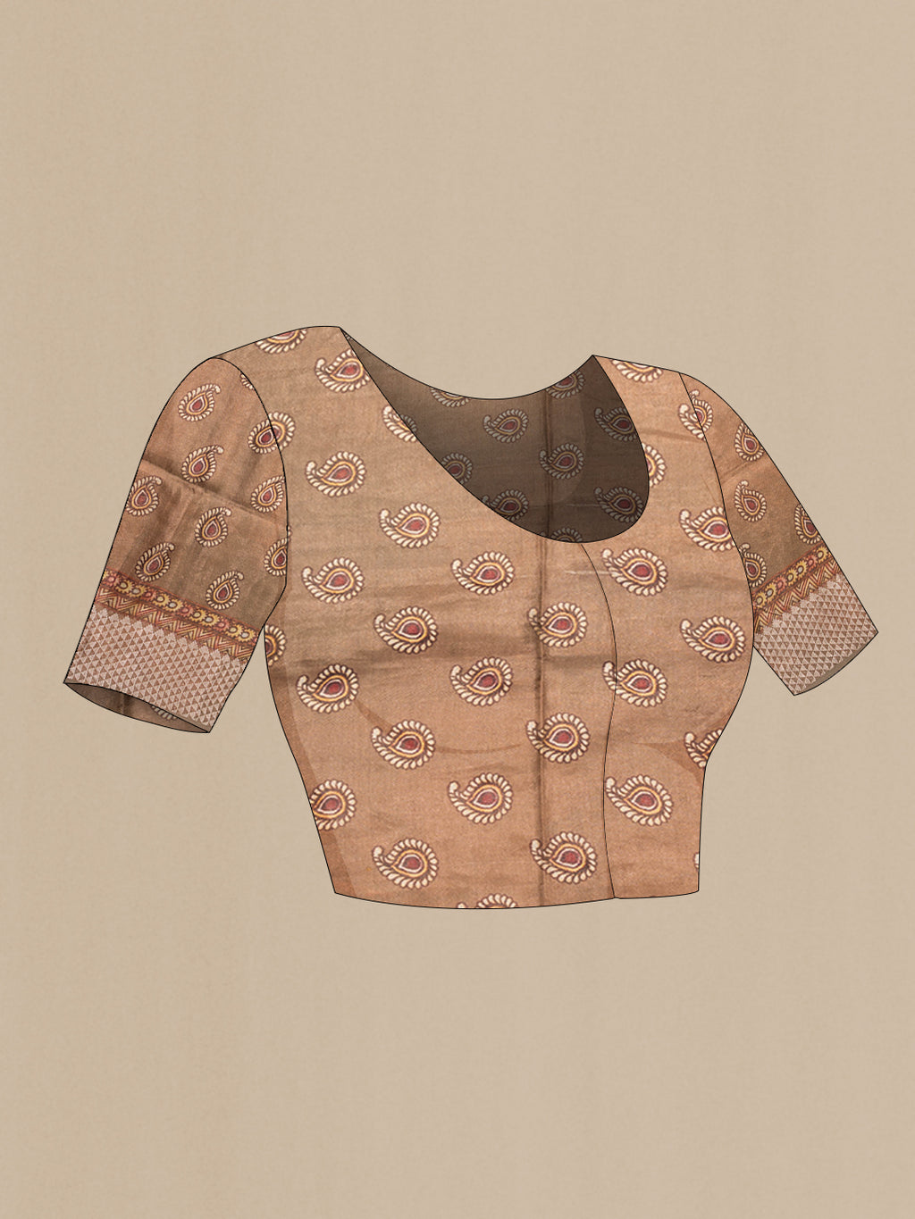 Close up image of the blouse of Brown Dual Tone Tussar Silk Saree with kalamkari Print on the body and Zari Border. 