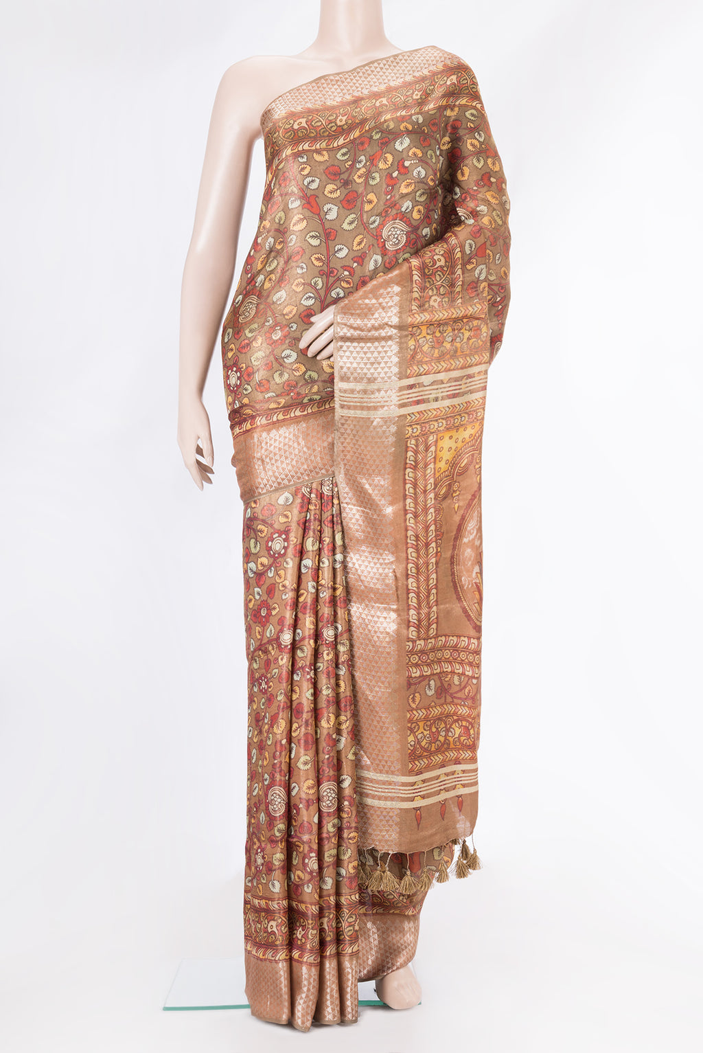 Brown Dual Tone Tussar Silk Saree with kalamkari Print on the body and Zari Border.  displayed on a mannequin