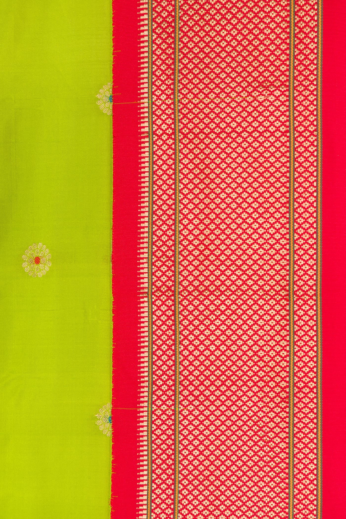 Border image of Parrot Green Dual Tone Paithani Silk Saree with Zari And Thread Butta on the body and Zari Border. 