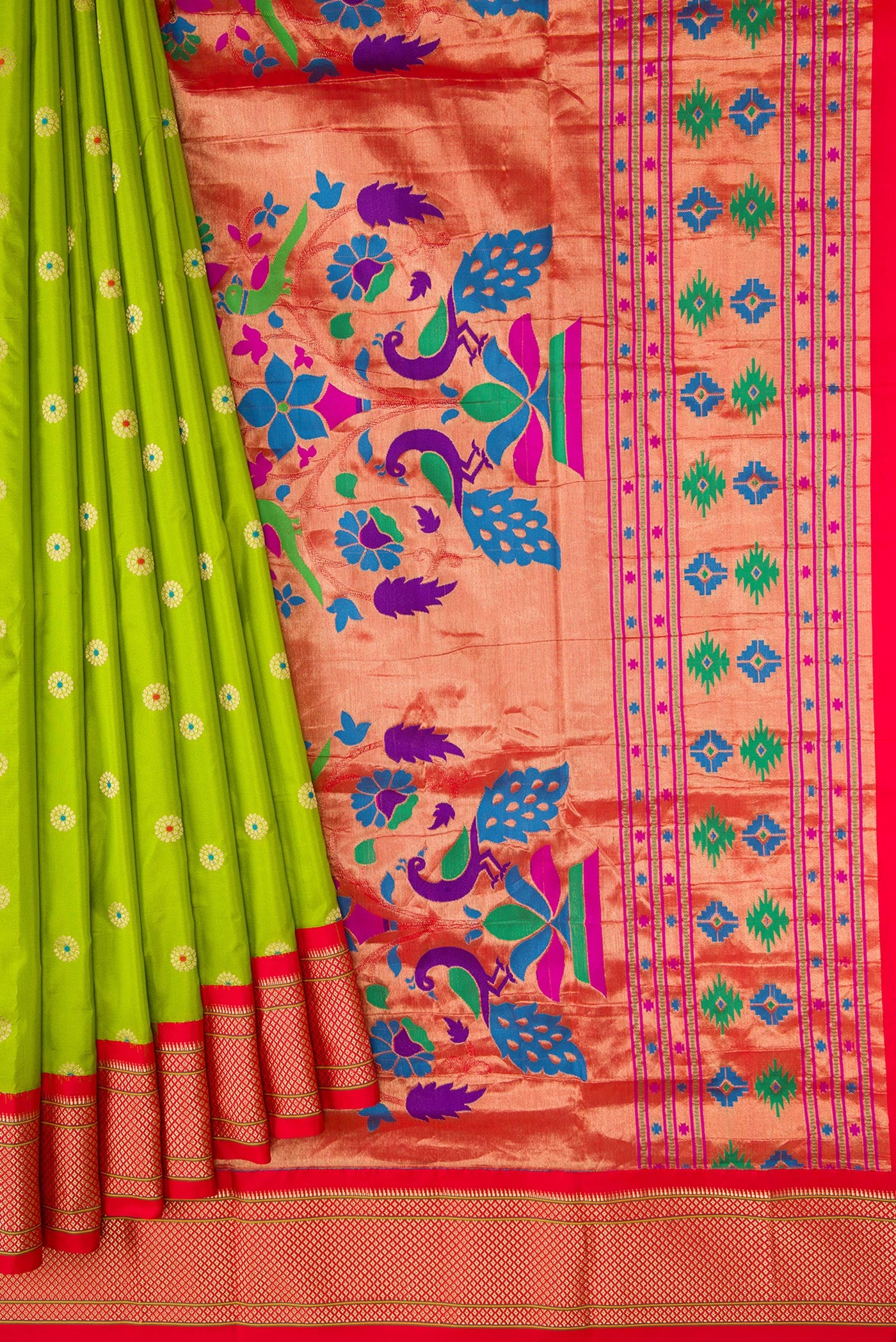 Pleats and pallu of Parrot Green Dual Tone Paithani Silk Saree with Zari And Thread Butta on the body and Zari Border. 