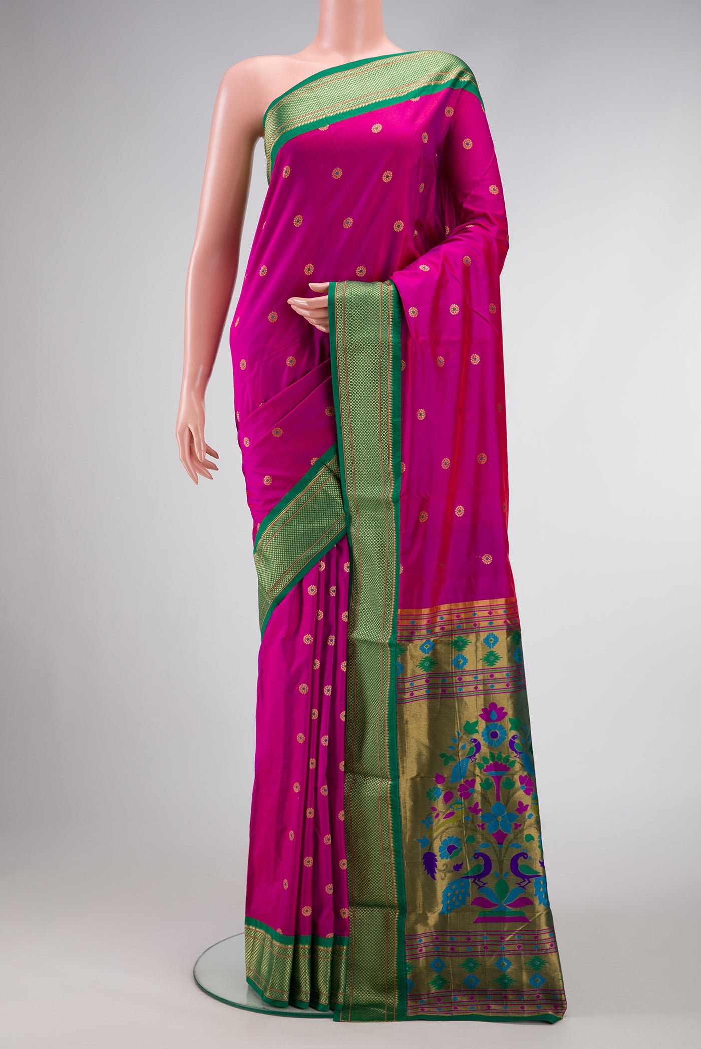 Pink Dual Tone Paithani Silk Saree with Zari And Thread Butta on the body and Zari Border.  displayed on a mannequin