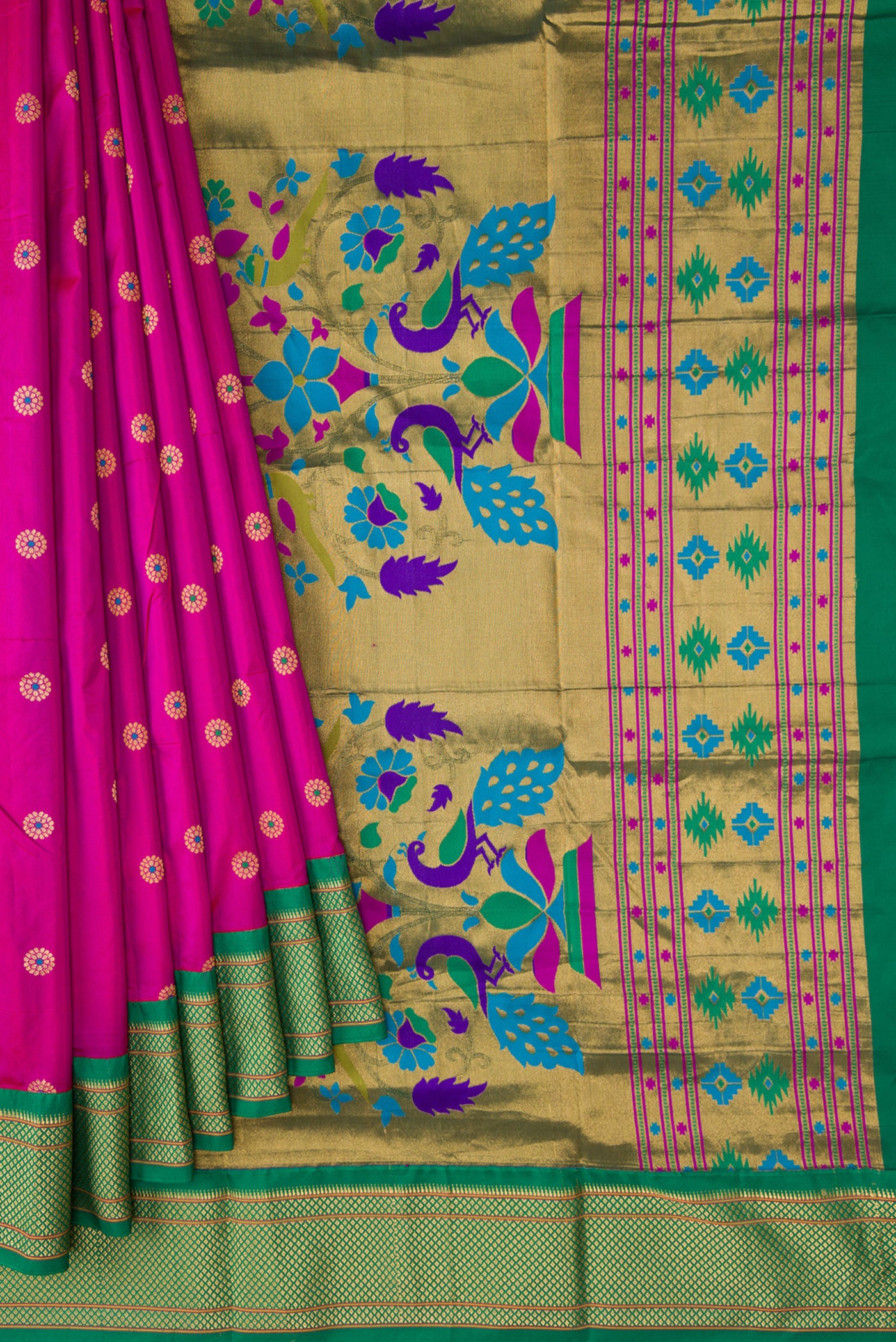 Pleats and pallu of Pink Dual Tone Paithani Silk Saree with Zari And Thread Butta on the body and Zari Border. 