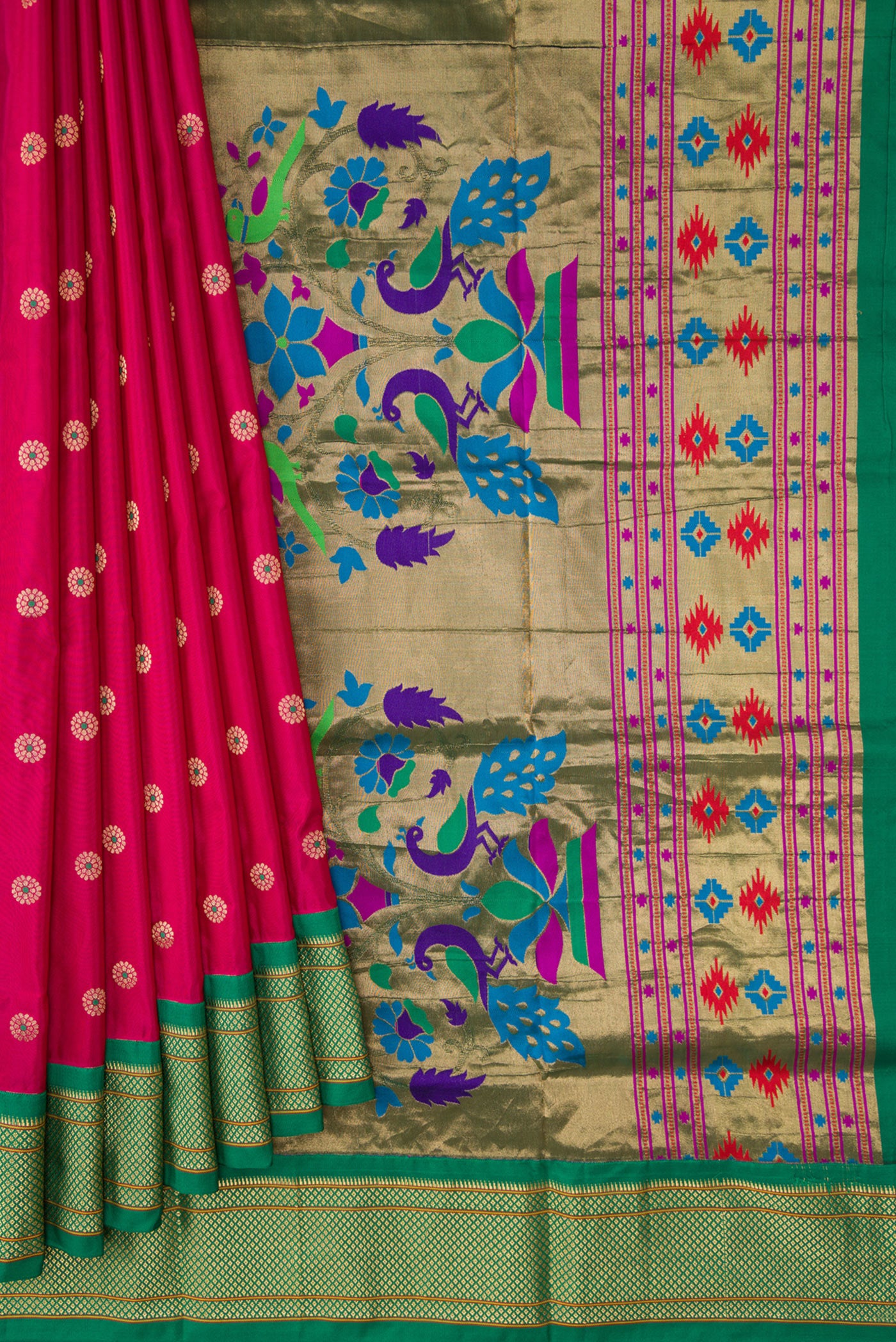 Pleats and pallu of Dark Mauve Dual Tone Paithani Silk Saree with Zari And Thread Butta on the body and Zari Border. 