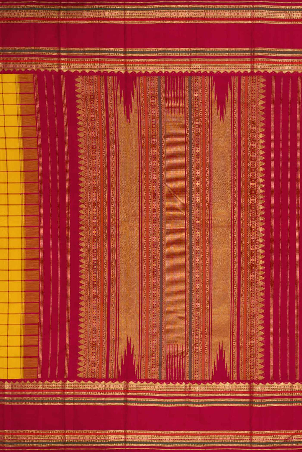 Close up image of the pallu of Yellow Dual Tone Kanjivaram Silk Saree with Checked design on the body and Zari Border. 