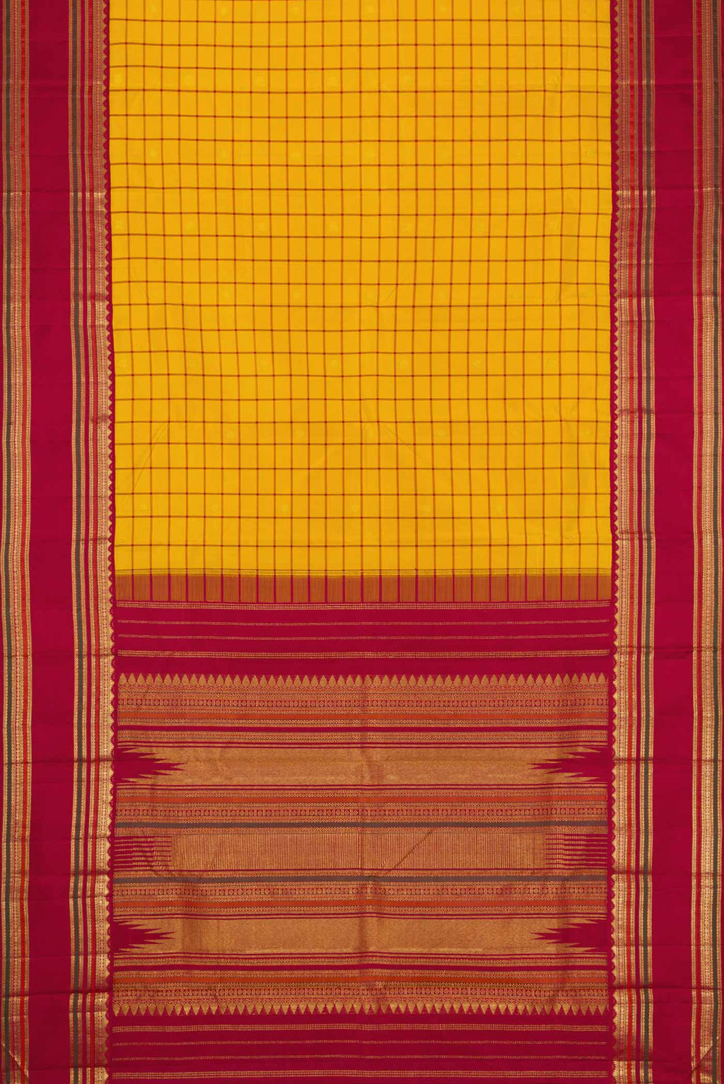 Flat view of Yellow Dual Tone Kanjivaram Silk Saree with Checked design on the body and Zari Border. 