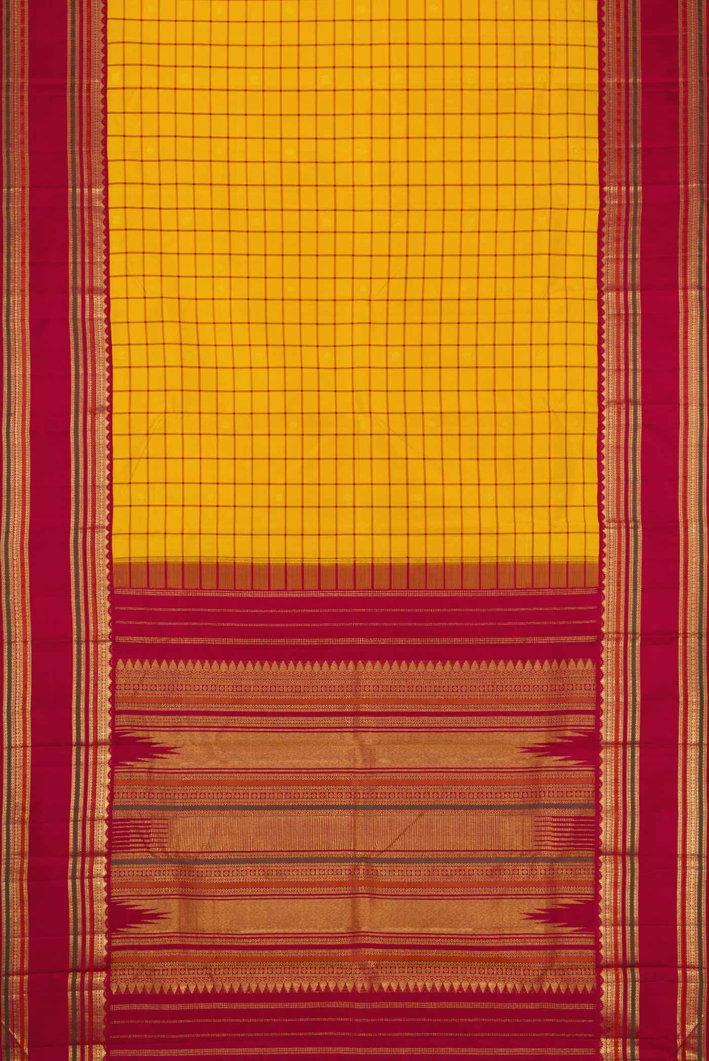 Flat view of Yellow Dual Tone Kanjivaram Silk Saree with Checked design on the body and Zari Border. 