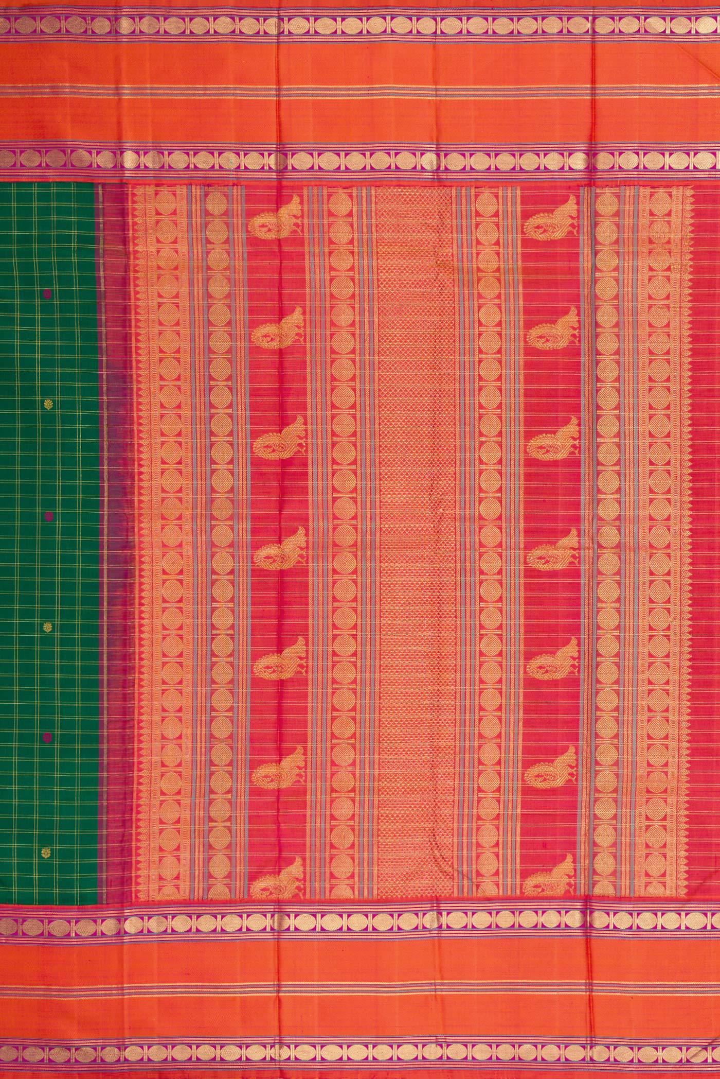Close up image of the pallu of Green Dual Tone Kanjivaram Silk Saree with Checked design on the body and Zari Border. 