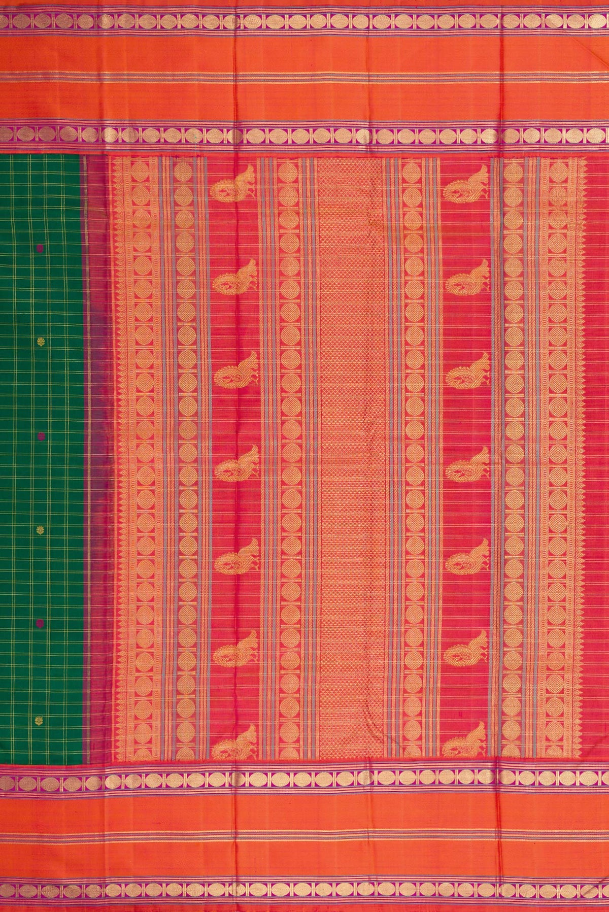 Close up image of the pallu of Green Dual Tone Kanjivaram Silk Saree with Checked design on the body and Zari Border. 