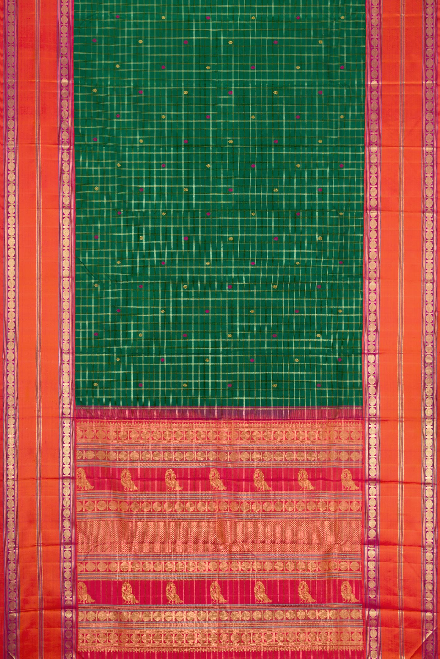 Flat view of Green Dual Tone Kanjivaram Silk Saree with Checked design on the body and Zari Border. 