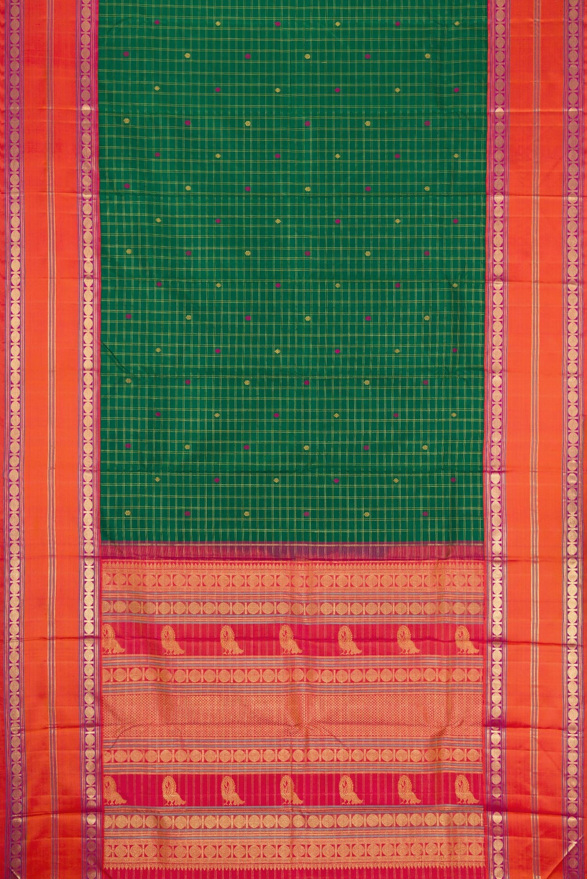Flat view of Green Dual Tone Kanjivaram Silk Saree with Checked design on the body and Zari Border. 