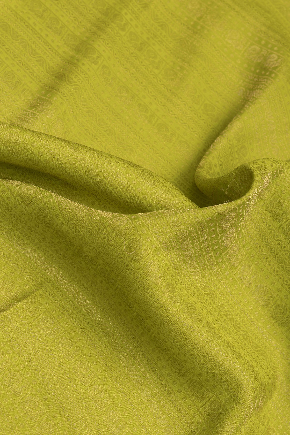Close up of Parrot Green Dual Tone Mysore Silk Saree with Zari Brocade on the body and Zari Border.  displaying folds