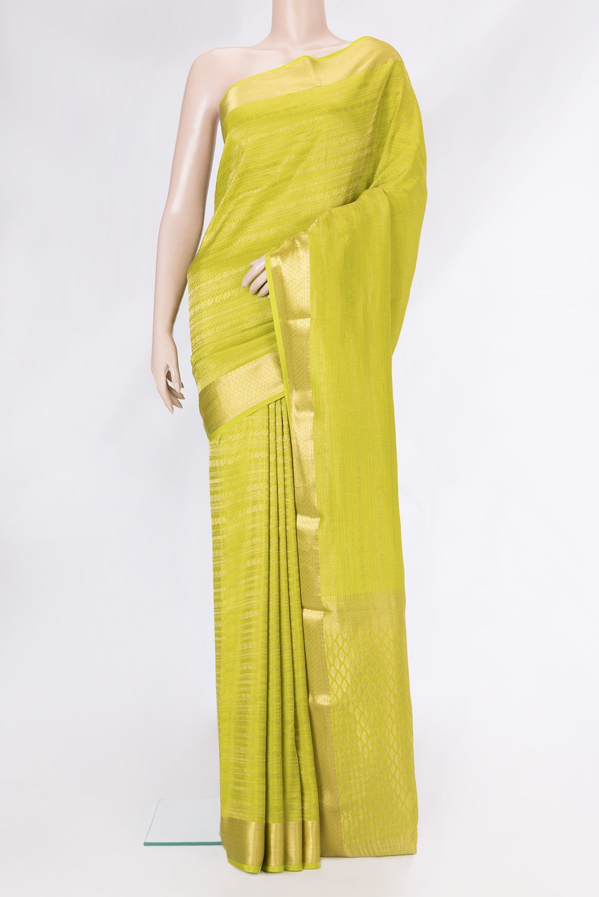 Parrot Green Dual Tone Mysore Silk Saree with Zari Brocade on the body and Zari Border.  displayed on a mannequin