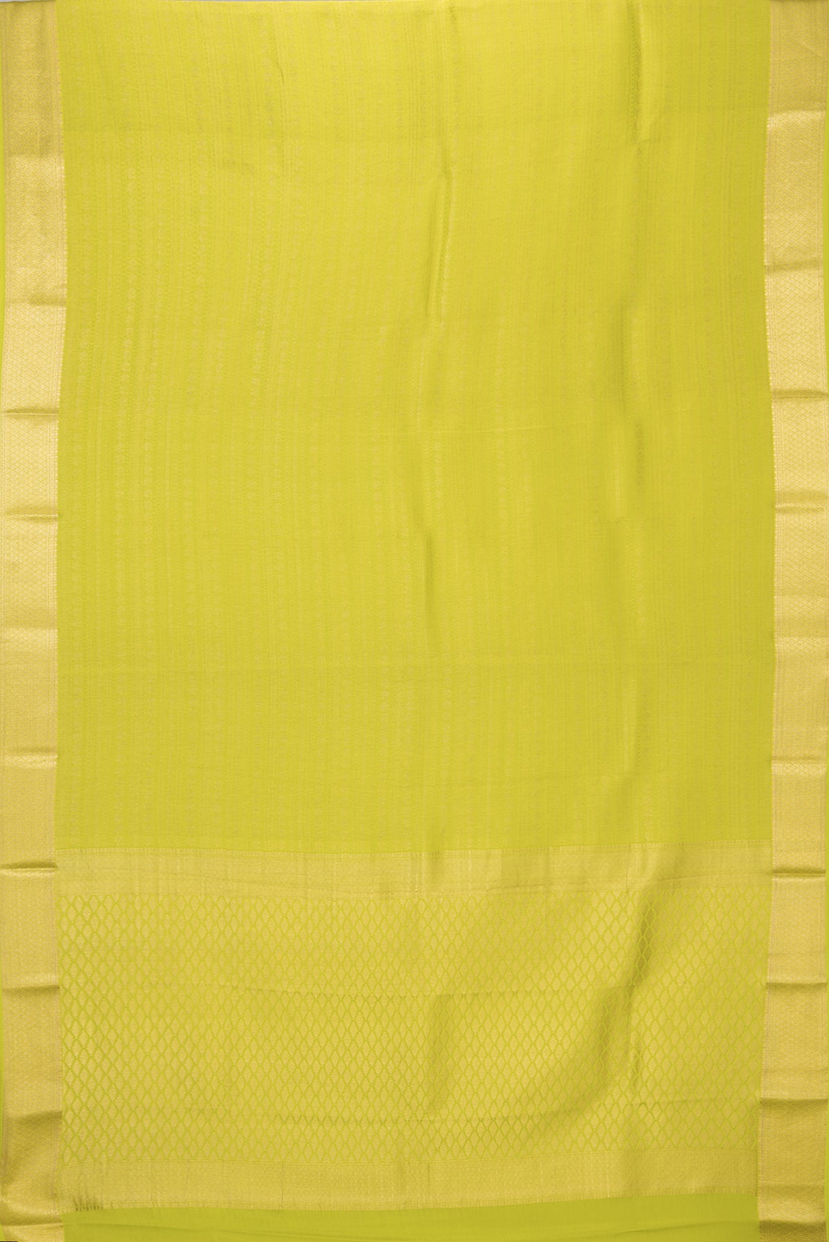 Flat view of Parrot Green Dual Tone Mysore Silk Saree with Zari Brocade on the body and Zari Border. 