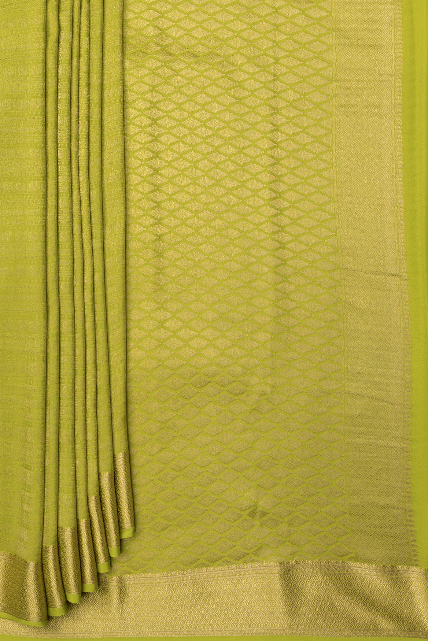 Pleats and pallu of Parrot Green Dual Tone Mysore Silk Saree with Zari Brocade on the body and Zari Border. 