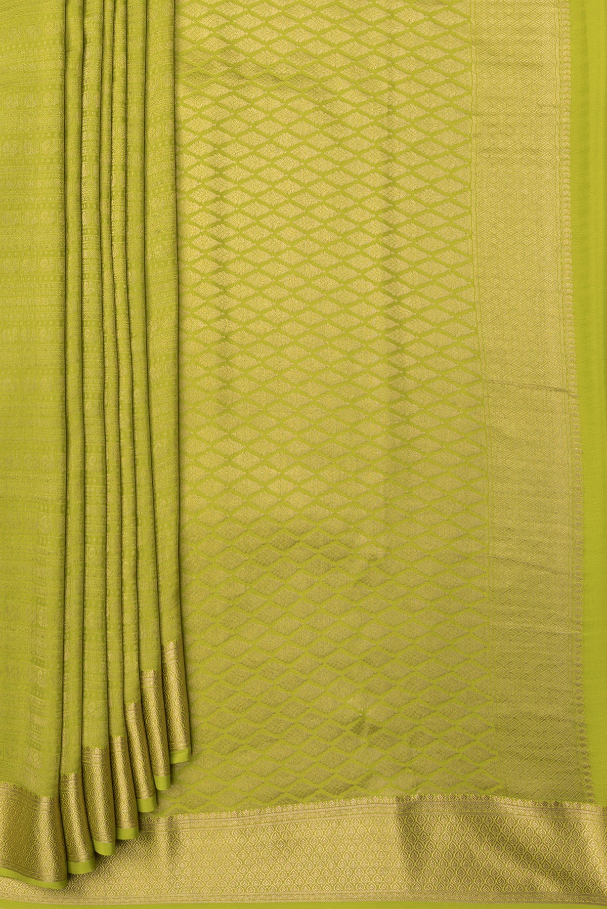Pleats and pallu of Parrot Green Dual Tone Mysore Silk Saree with Zari Brocade on the body and Zari Border. 