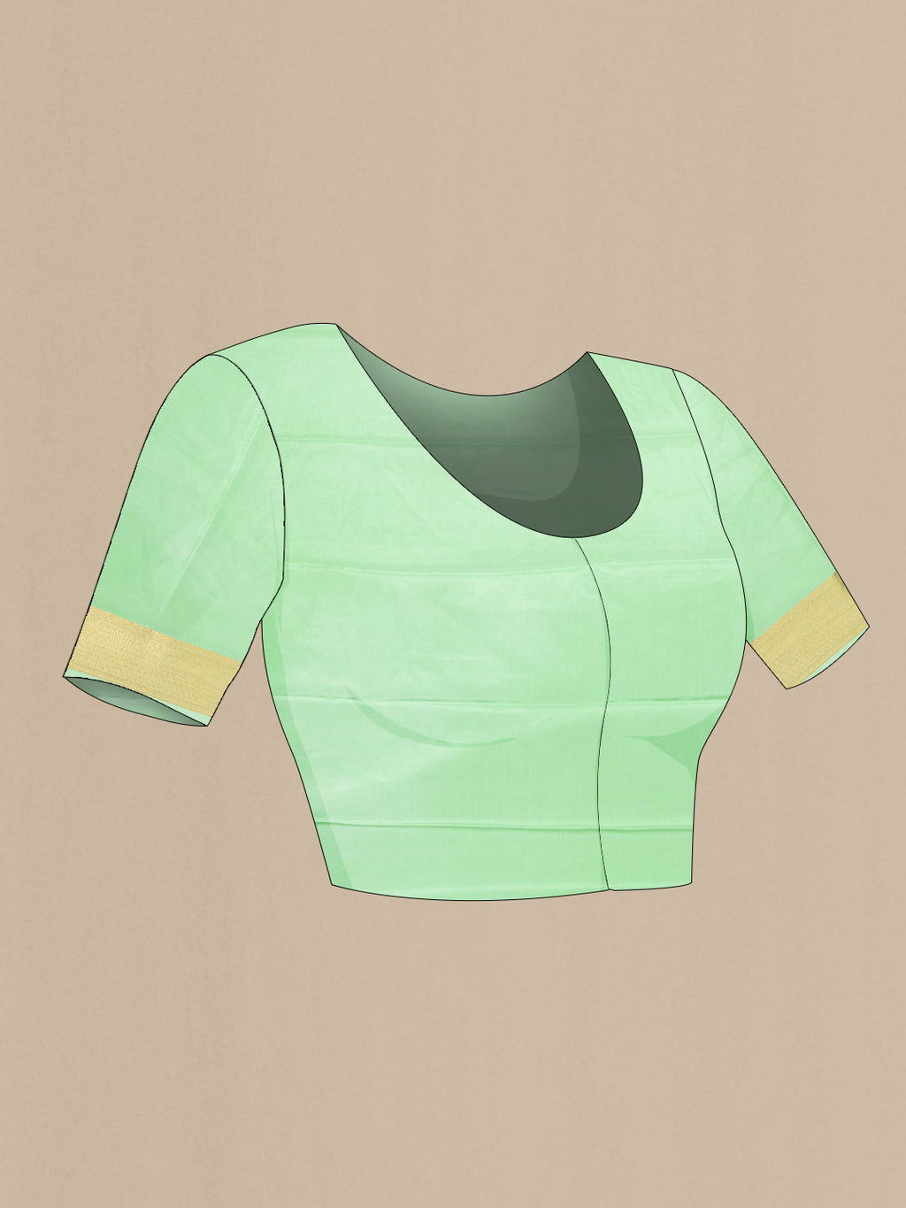 Close up image of the blouse of Pista Green Crepe Saree with Zari Brocade on the body and Zari Border. 