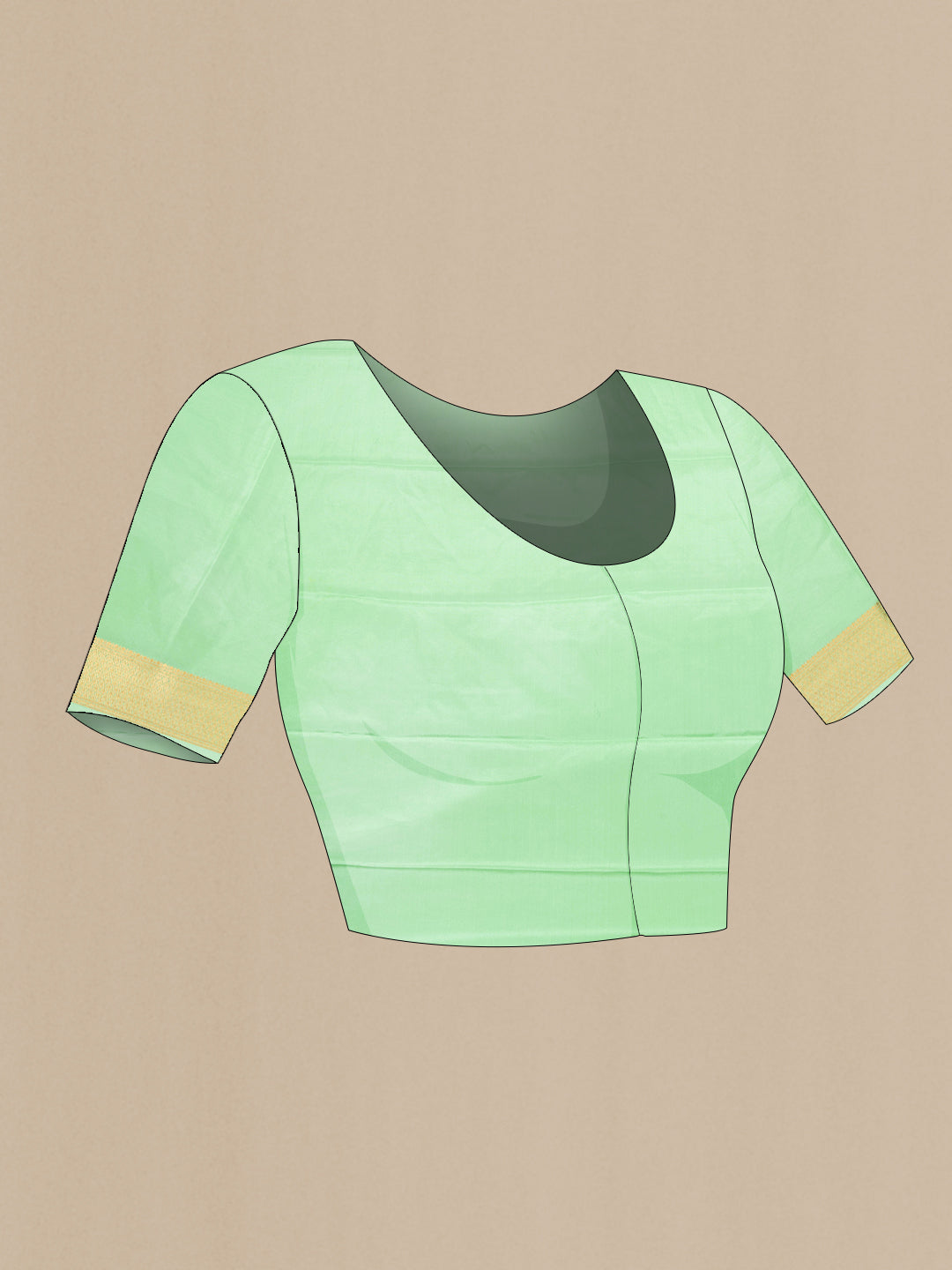 Close up image of the blouse of Pista Green Crepe Saree with Zari Brocade on the body and Zari Border. 