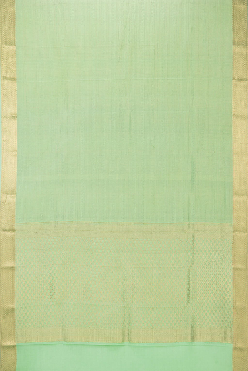 Flat view of Pista Green Crepe Saree with Zari Brocade on the body and Zari Border. 