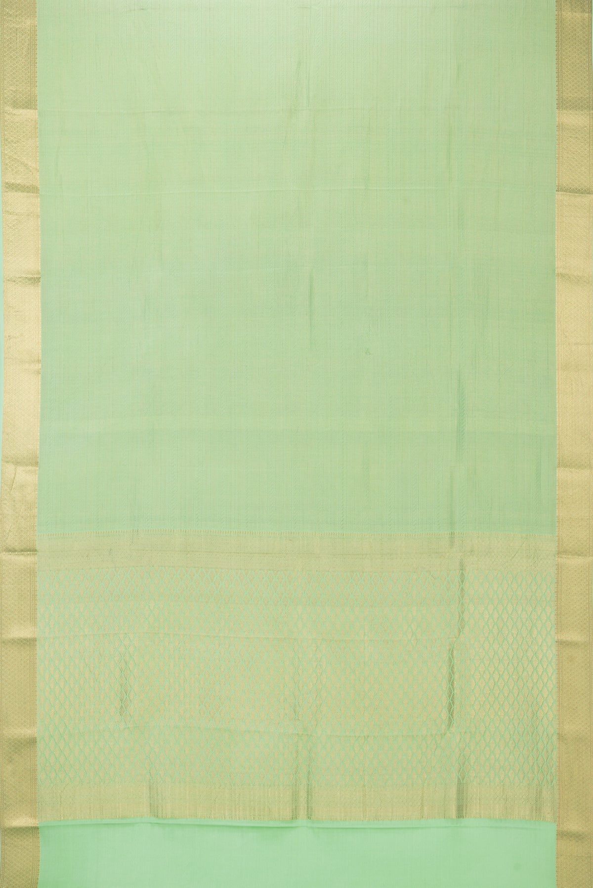 Flat view of Pista Green Crepe Saree with Zari Brocade on the body and Zari Border. 