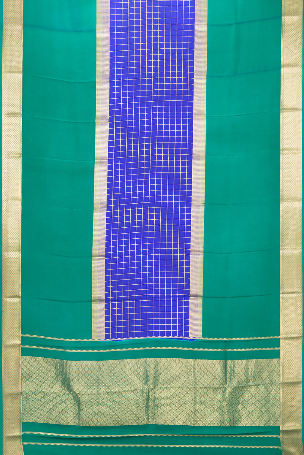 Flat view of Royal Blue Mysore Silk Saree with Checked design on the body and Zari Border. 