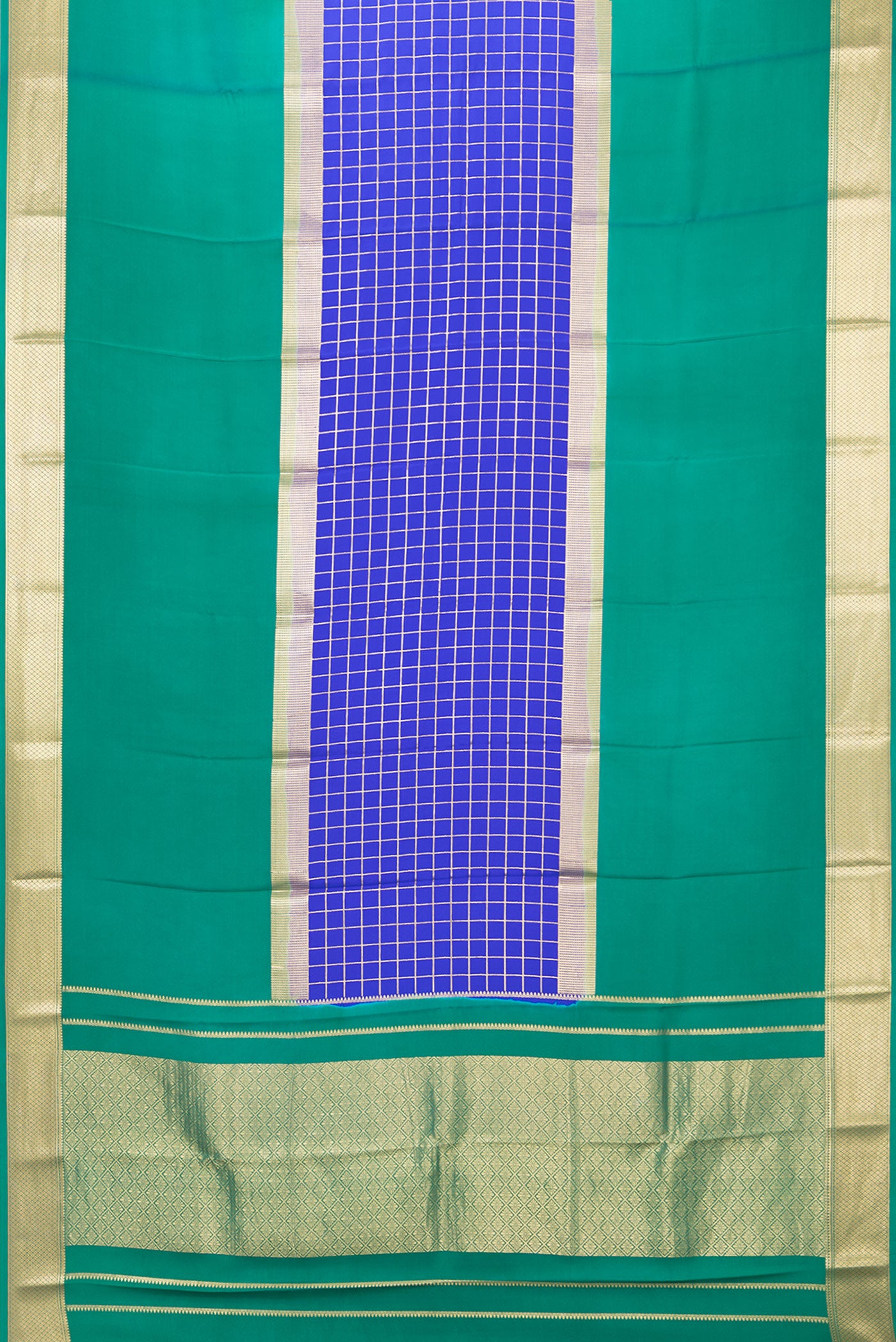 Flat view of Royal Blue Mysore Silk Saree with Checked design on the body and Zari Border. 