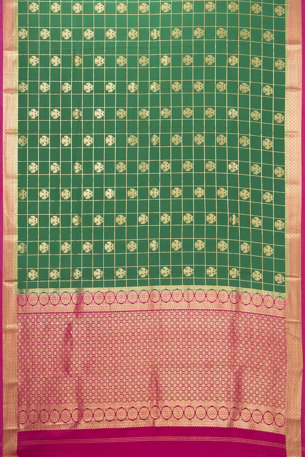 Flat view of Green Mysore Silk Saree with Checked design on the body and Zari Border. 