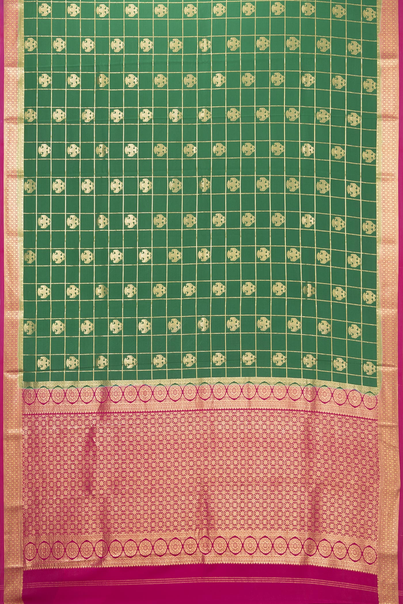 Flat view of Green Mysore Silk Saree with Checked design on the body and Zari Border. 